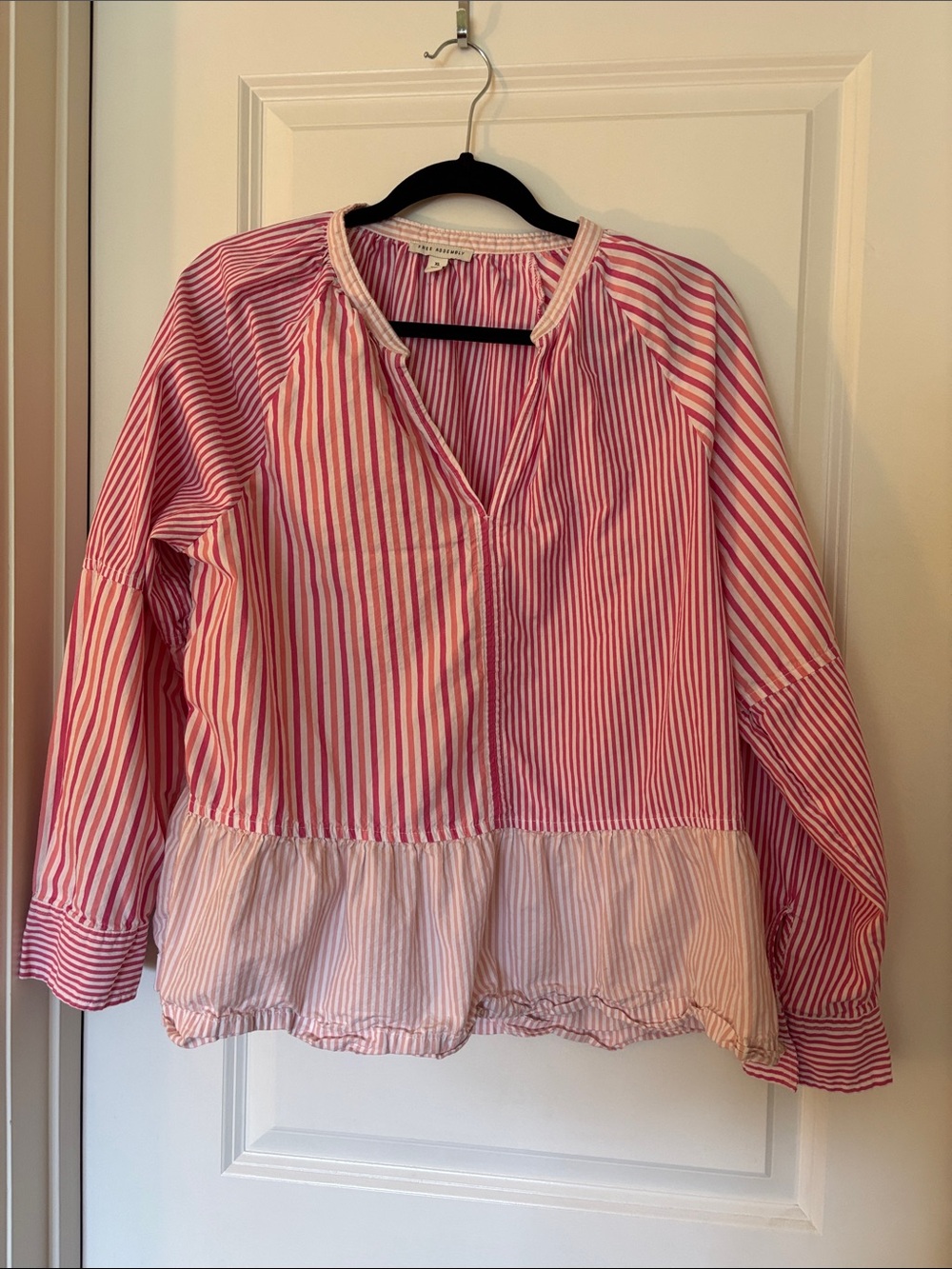 Striped Pink Ruffle Hem Blouse - Women
